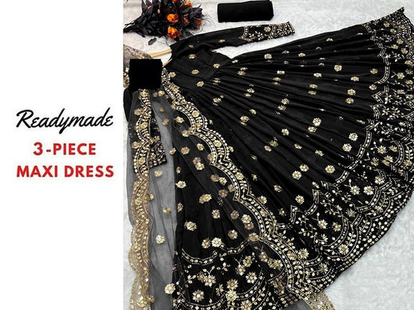 Readymade 3-Piece Embroidered Silk Maxi Dress with Embroidered Organza Dupatta (DZ15707)
