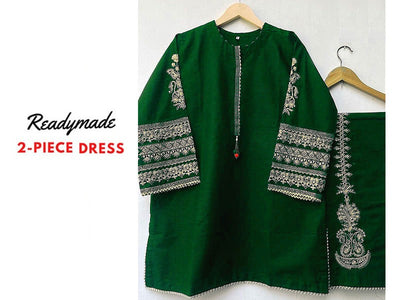 Readymade 2-Piece Embroidered Silk Dress with Embroidered Trouser (DZ15710)