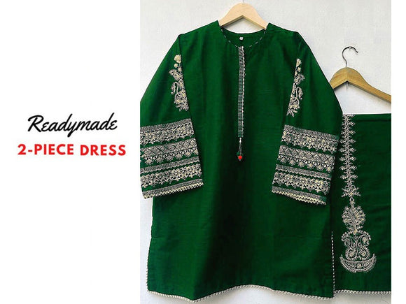 Readymade 2-Piece Embroidered Silk Dress with Embroidered Trouser (DZ15710)