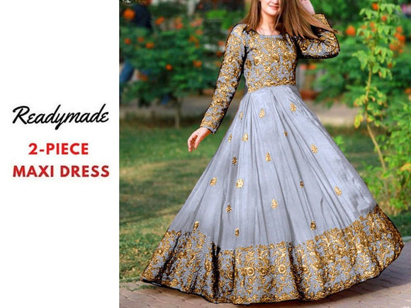 Readymade 2-Piece Embroidered Shamoz Silk Maxi Dress (DZ15712)