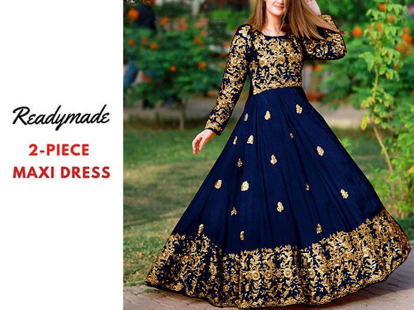 Readymade 2-Piece Embroidered Shamoz Silk Maxi Dress (DZ15715)