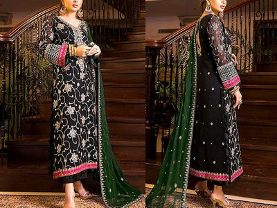 Heavy Embroidered Black Chiffon Wedding Dress 2024 (DZ15719)