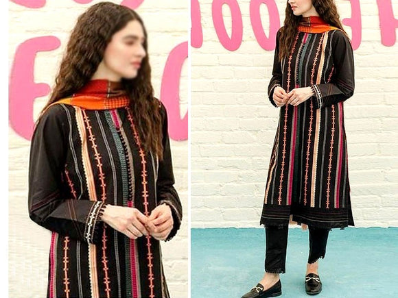 Adorable 2-Piece Embroidered Black Lawn Dress 2023 (DZ15767)