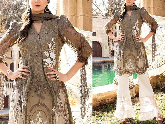 Luxury Schiffli Embroidered Lawn Dress with Digital Print Silk Dupatta (DZ15844)