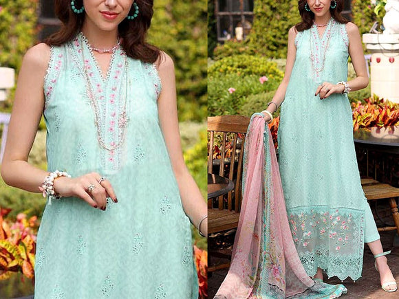 Luxury Schiffli Embroidered Lawn Dress with Digital Print Silk Dupatta (DZ15846)