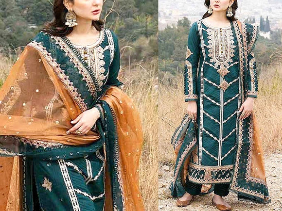 Luxury Heavy Embroidered Lawn Dress with Embroidered Net Dupatta (DZ15877)